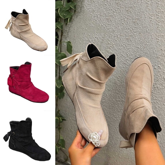 WAVSUF Women's Flat Ankle Boots Wide Width Round Toe Anti Slip Winter Daily Slouch Boots Red 8.5
