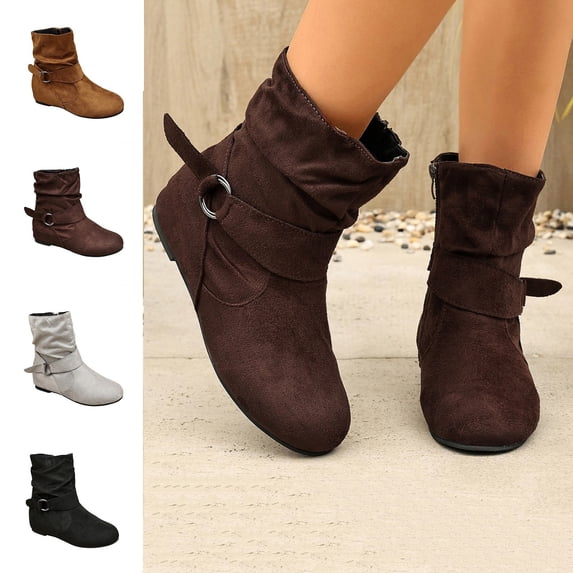WAVSUF Women's Flat Ankle Boots Wide Width Soft Sole Round Toe Winter Casual Boots Brown 9.5