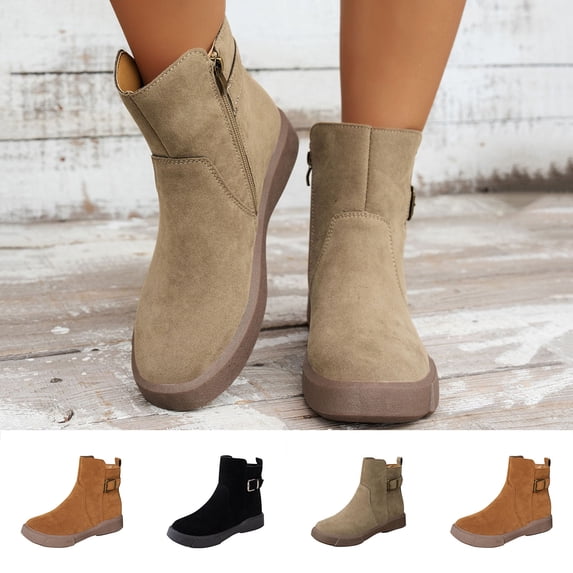WAVSUF Women's Flat Boots Round Toe Lightweight Side Zip Fall Casual Boots Khaki Size 9