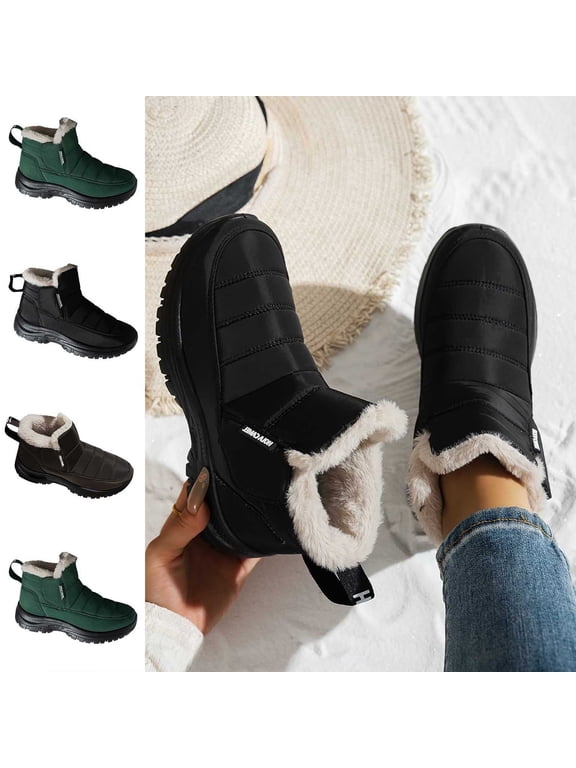 Women's Fleece Ankle Boots Slip On Wide Width Round Toe Winter Comfort Flat Boots Black 8.5