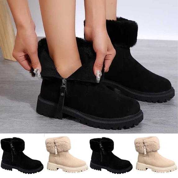 WAVSUF Women's Fleece Ankle Boots Soft Sole Anti Slip Wide Width Winter Warm Platform Boots Black 7.5
