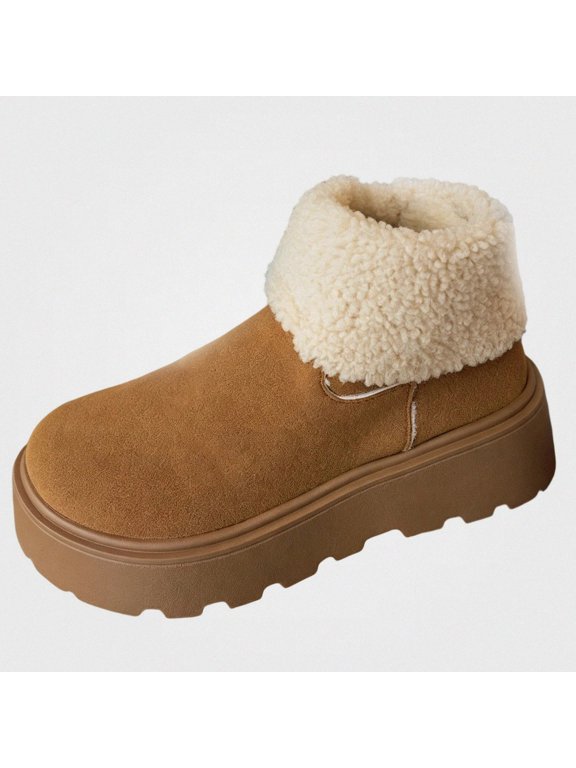 Women's Fleece Platform Boots Round Toe Anti Slip Soft Warm Winter Daily Snow Boots Brown Size 7