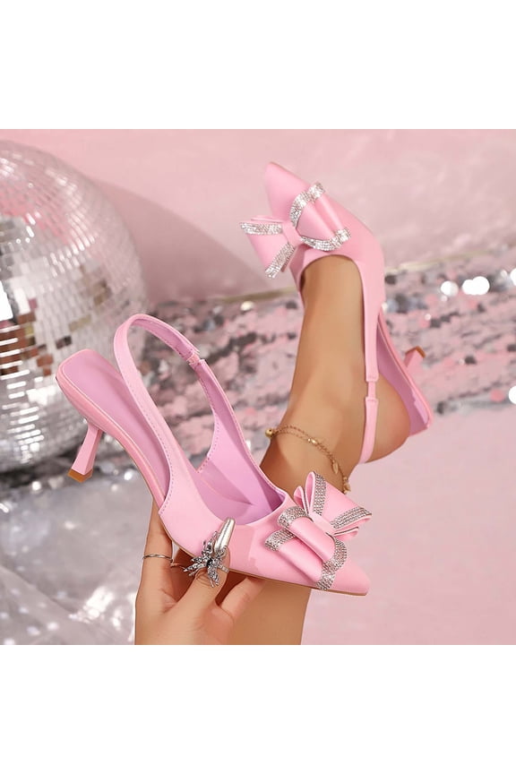 Women's Kitten Sandals, Pointy Toe Elastic Strap Retro Bow Summer Dressy Shoes Pink 9.5