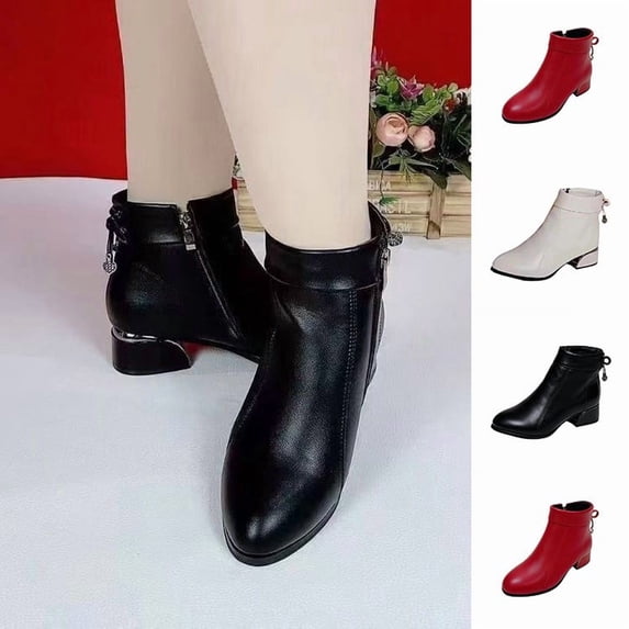 WAVSUF Women's Low Heel Ankle Boots Round Toe Side Zip Faux Leather Fall Daily Boots Beige Size 7