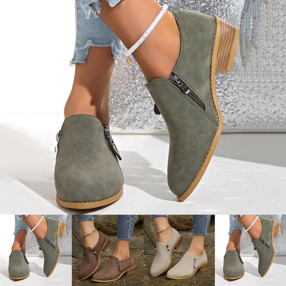 WAVSUF Women's Low Heel Boots Pointed Toe Side Zip Lightweight Spring Ankle Boots Khaki Size 5.5