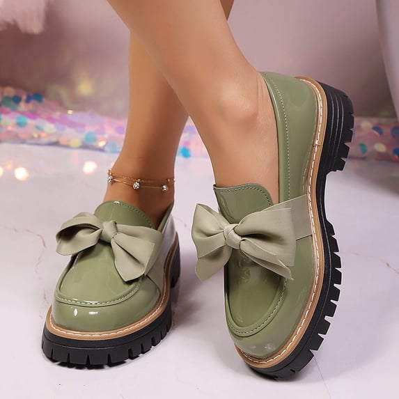 WAVSUF Women's Lug Sole Loafers, Retro Bow Slip On Round Toe Casual Summer Dressy Shoes Green 7.5