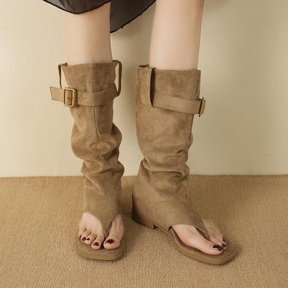 WAVSUF Women's Mid Calf Boots Flip Flop Pull On Wide Width Spring Flat Slouch Boots Khaki Size 6