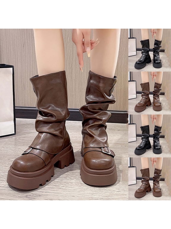 Women's Mid Calf Boots Round Toe Soft Sole Faux Leather Fall Trendy Platform Boots Black Size 6