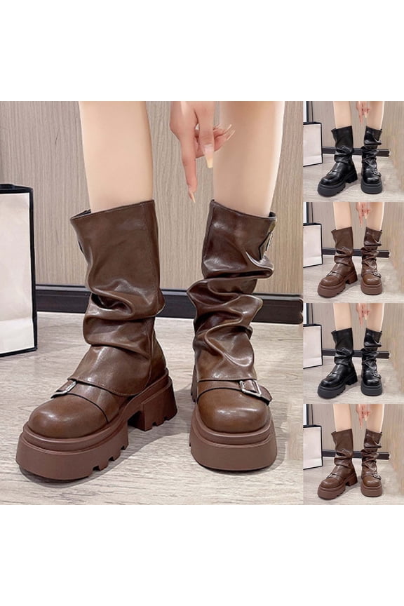 Women's Mid Calf Boots Round Toe Soft Sole Faux Leather Fall Trendy Platform Boots Brown Size 7