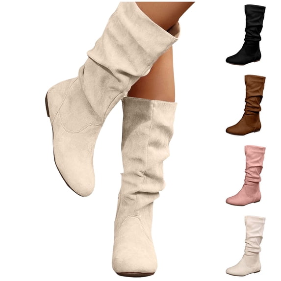 WAVSUF Women's Mid Calf Slouch Boots Side Zipper Round Toe Soft Comfort Fall Trendy Boots Beige Size 7.5
