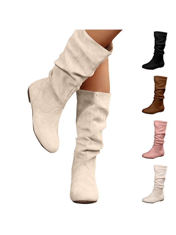 Women's Mid Calf Slouch Boots Side Zipper Round Toe Soft Comfort Fall Trendy Boots Beige Size 7