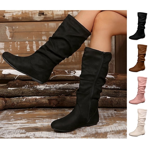 WAVSUF Women's Mid Calf Slouch Boots Side Zipper Round Toe Soft Comfort Fall Trendy Boots Black Size 7