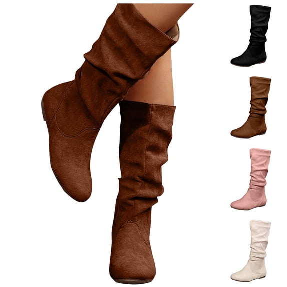 WAVSUF Women's Mid Calf Slouch Boots Side Zipper Round Toe Soft Comfort Fall Trendy Boots Coffee Size 7
