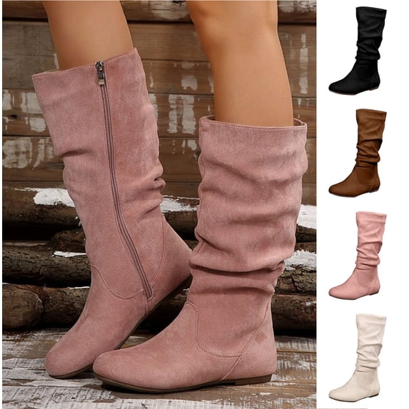 WAVSUF Women's Mid Calf Slouch Boots Side Zipper Round Toe Soft Comfort Fall Trendy Boots Pink Size 6.5