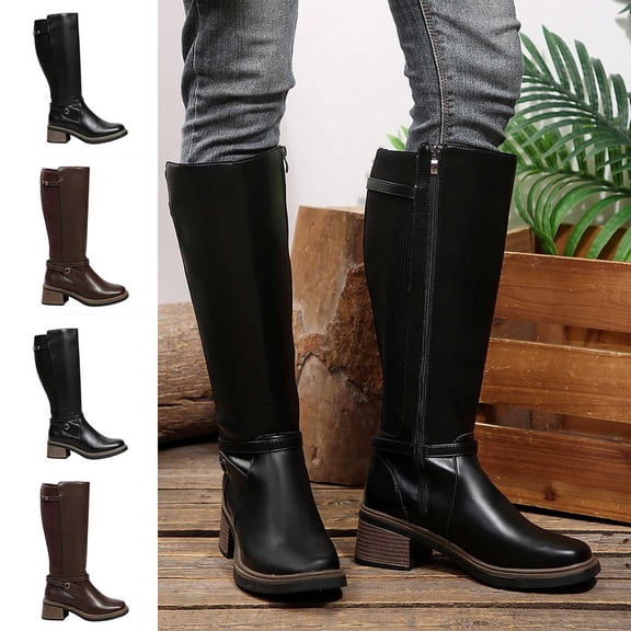 WAVSUF Women's Mid Calf Boots Soft Sole Round Toe Side Zip Fall Platform Warm Boots Black 7.5