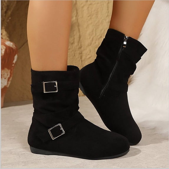 WAVSUF Women's Mid-Calf Boots Soft Sole Wide Width Fleece Round Toe Winter Trendy Suede Flat Boots Black 6