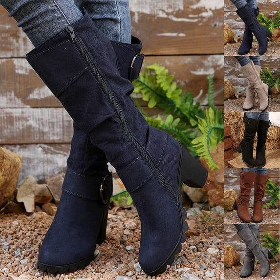 WAVSUF Women's Mid Calf High Heel Boots Round Toe Suede Soft Anti Slip Winter Warm Boots Gray Size 5.5