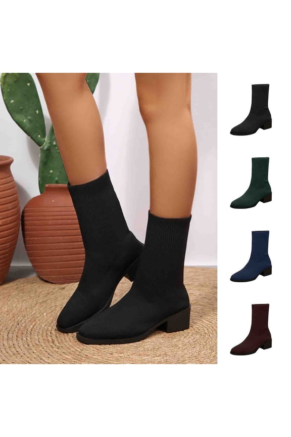 Women's Mid Calf Sock Boots Round Toe Breathable Chunky Heel Winter Comfort Chunky Boots Green Size 9.5