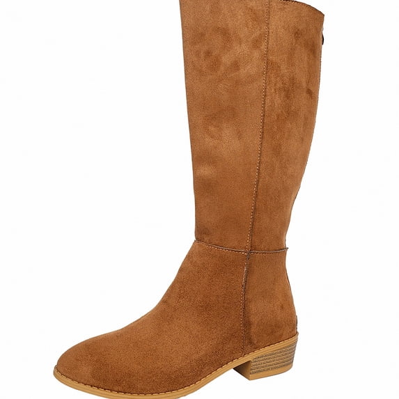 WAVSUF Women's Mid Calf Suede Boots Round Toe Wide Width Soft Sole Winter Daily Chunky Boots Brown 6.5