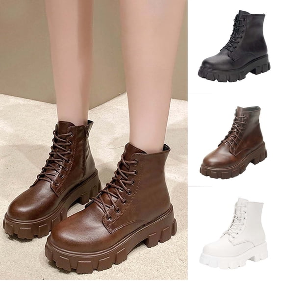 WAVSUF Women's Moto Ankle Boots Round Toe Mid Heel Lace Up Winter Casual Platform Boots White Size 8.5