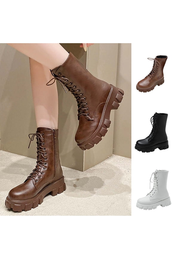 Women's Moto Boots Round Toe Chunky Heel Side Zip Winter Warm Platform Boots Black Size 5.5