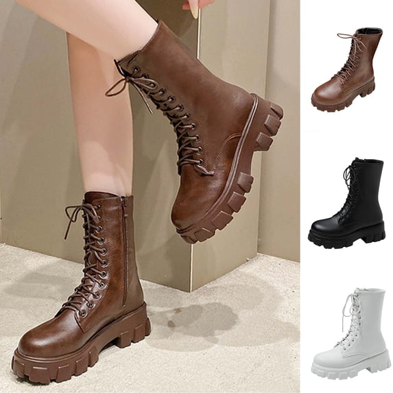 WAVSUF Women's Moto Boots Round Toe Chunky Heel Side Zip Winter Warm Platform Boots Brown Size 8.5