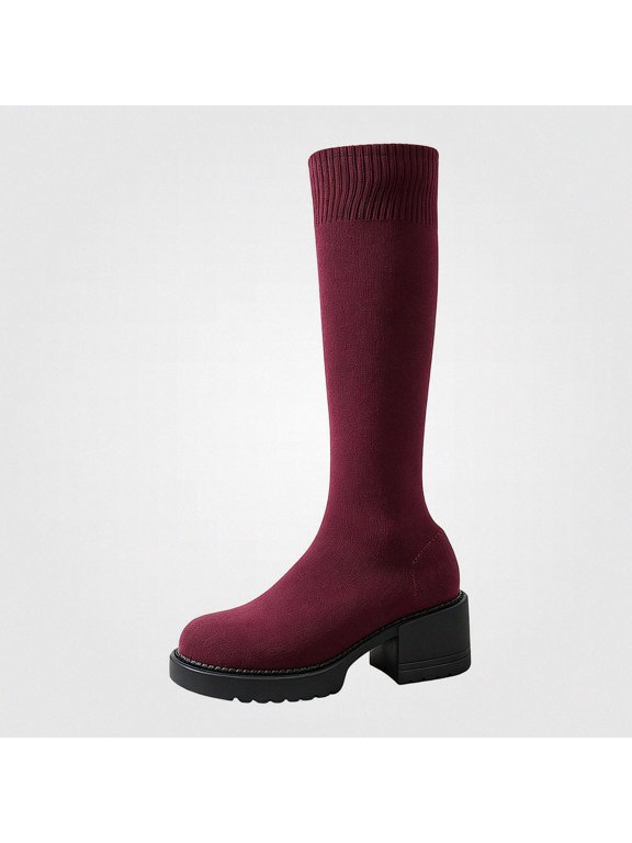 Women's Over The Knee Boots Stretch Fit Round Toe Arch Support Winter Daily Trendy Chunky Boots Red 8.5