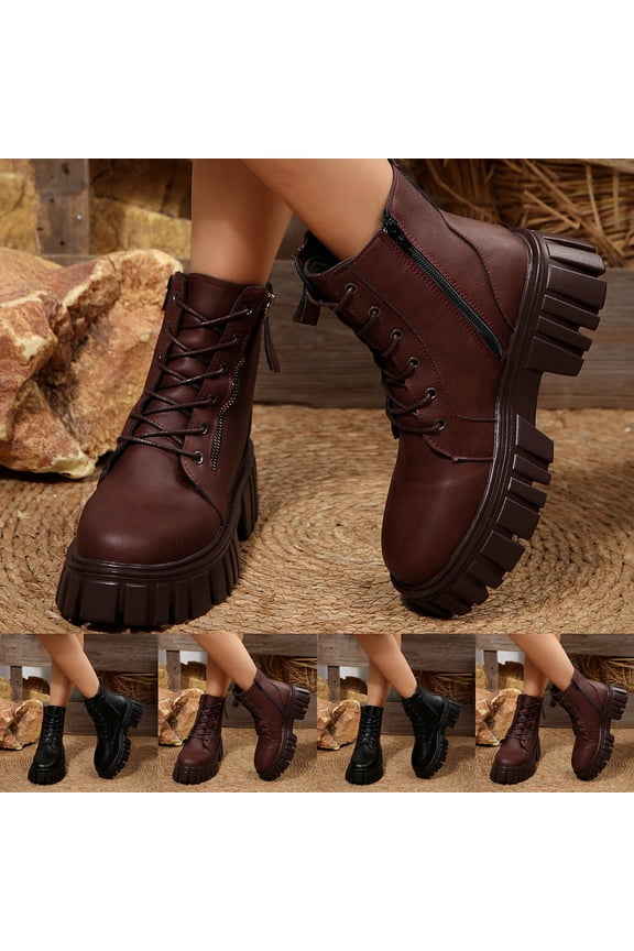 Women's Platform Mid Calf Boots Round Toe Anti Slip Lace Up Fall Warm Moto Boots Black Size 9