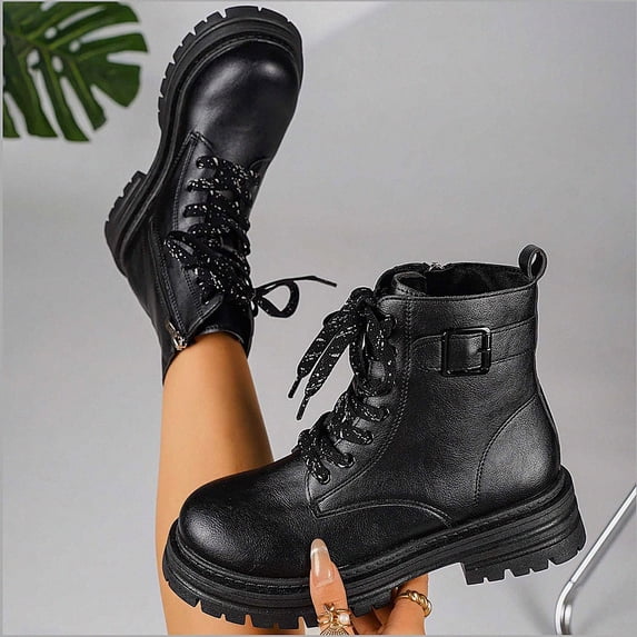 WAVSUF Women's Platform Moto Boots Arch Support Closed Toe Wide Width Fall Daily Office Boots Black 6