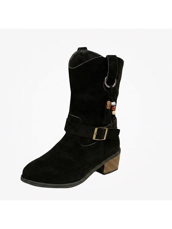 Women's Plus Size Mid Calf Boots Buckle Strap Wide Width Round Toe Fall Suede Trendy Chunky Boots Black 9