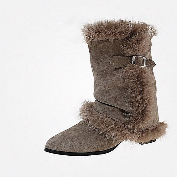 WAVSUF Women's Plus Size Mid Calf Boots Pointed Toe Fleece Warm Wide Width Mid Heel Winter Suede Casual Boots Brown 5.5