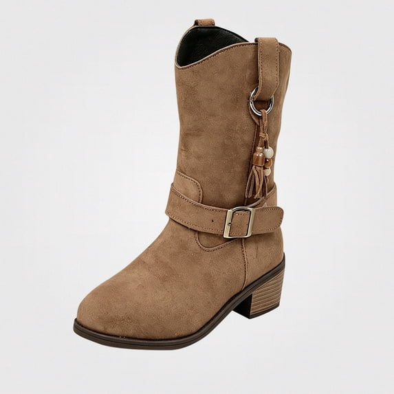WAVSUF Women's Plus Size Mid Calf Boots Round Toe Buckle Strap Wide Width Fall Suede Trendy Chunky Boots Brown 8.5