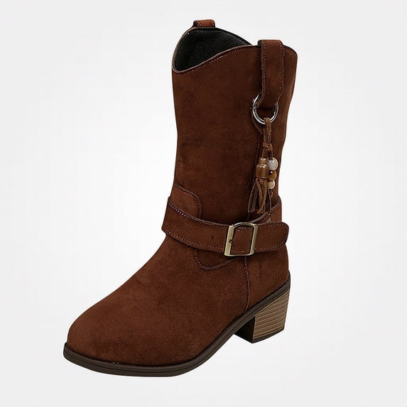 WAVSUF Women's Plus Size Mid Calf Boots Wide Width Round Toe Buckle Strap Fall Suede Trendy Chunky Boots Brown 5.5