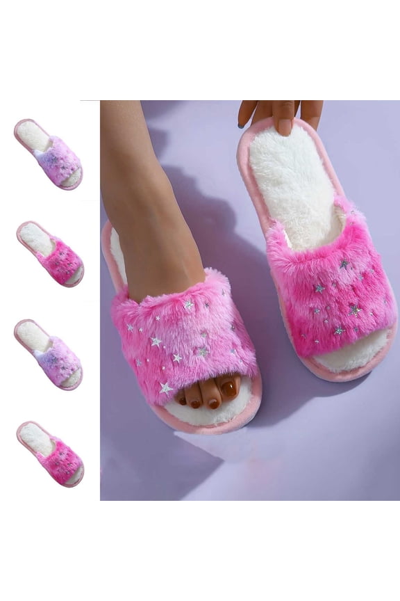 Women's Scuff Slippers Open Toe Slide On Anti Slip Winter Home Slippers Pink 5.5