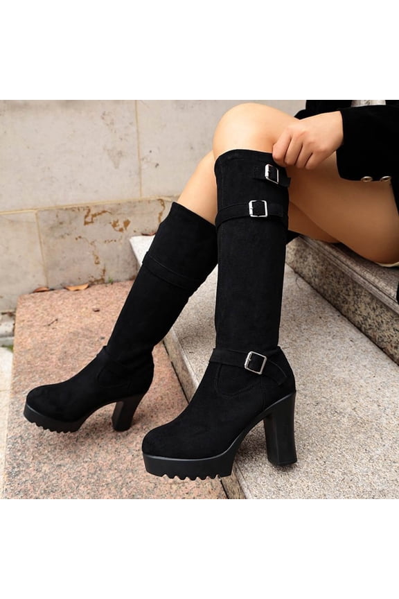 Women's Slouch Mid Calf Boots Slip On Anti Slip Wide Width Fall Dress Kitten Boots Brown 7.5