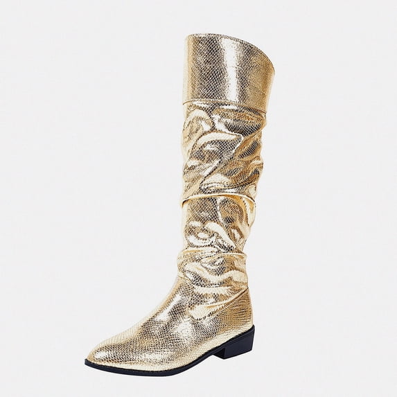 WAVSUF Women's Slouch Mid Calf Boots Wide Width Anti Slip Pointed Toe Fall Daily Plus Size Boots Gold 7.5