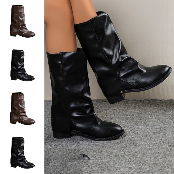 WAVSUF Women's Snow Mid Calf Boots Soft Sole Wide Width Anti Slip Fleece Warm Flat Boots Brown 7