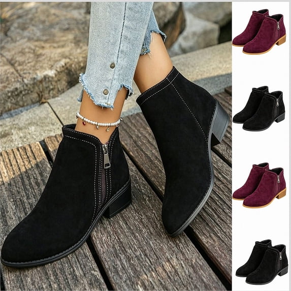 WAVSUF Women's Suede Flat Boots Anti Slip Pointed Toe Arch Support Fall Daily Comfort Ankle Boots Black 6