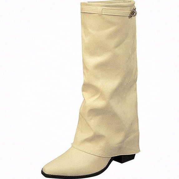 WAVSUF Women's Suede Mid Calf Boots Pointed Toe Plus Size Wide Width Fall Daily Casual Boots Beige Size 5.5