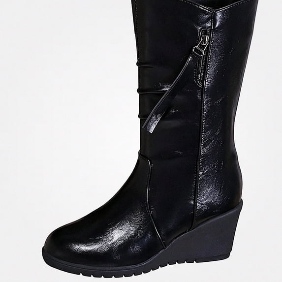 WAVSUF Women's Wide Calf Boots Anti Slip Arch Support Pointed Toe Fall Faux Leather Wedge Boots Black 9
