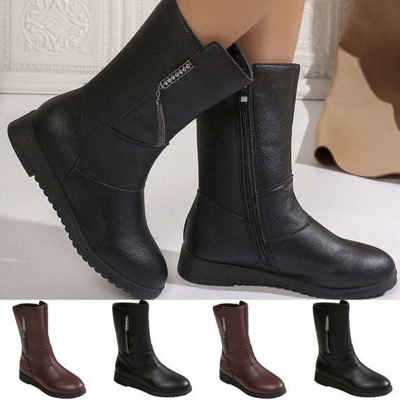 WAVSUF Women's Wide Width Boots Round Toe Soft Sole Side Zip Fall Comfort Flat Mid Calf Boots Brown 7