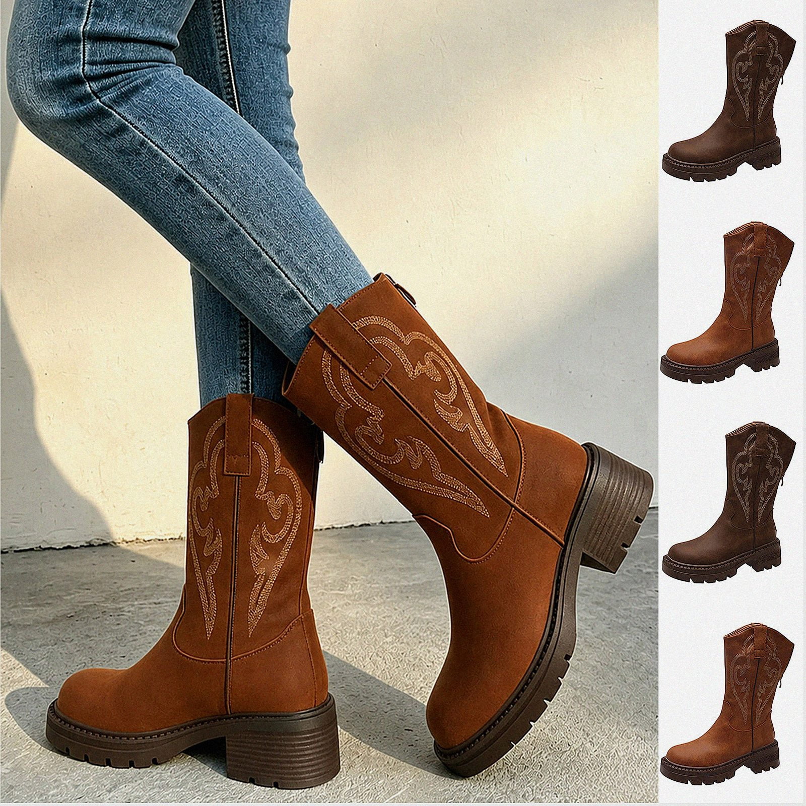 Fall Kids Rodeo WAVSUF Women's Wide Width Cowboy Boots Pointed Toe Anti Slip Arch ...