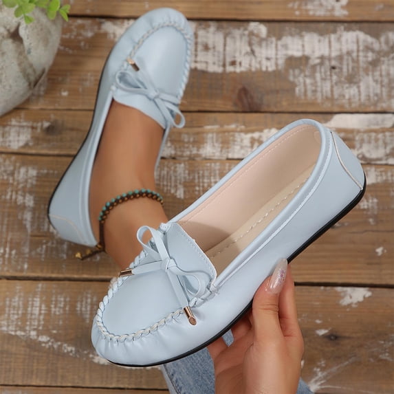 WAVSUF Women's Wide Width Loafers, Faux Leather Soft Sole Versatile Bow Casual Work Driving Shoes Light Blue 6.5