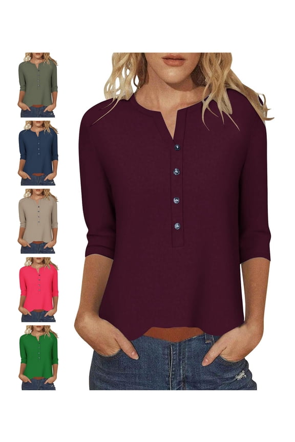 Womens Button Relaxed Skinny Fit 3/4 Sleeve V Neck Fall Trendy Cute Top Wine XL