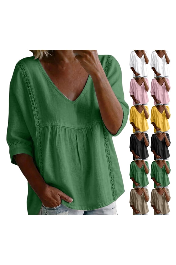 Womens Cropped Top V Neck Ruffle Hem Flowy 3/4 Sleeve Cotton Linen Blouse Light Blue S