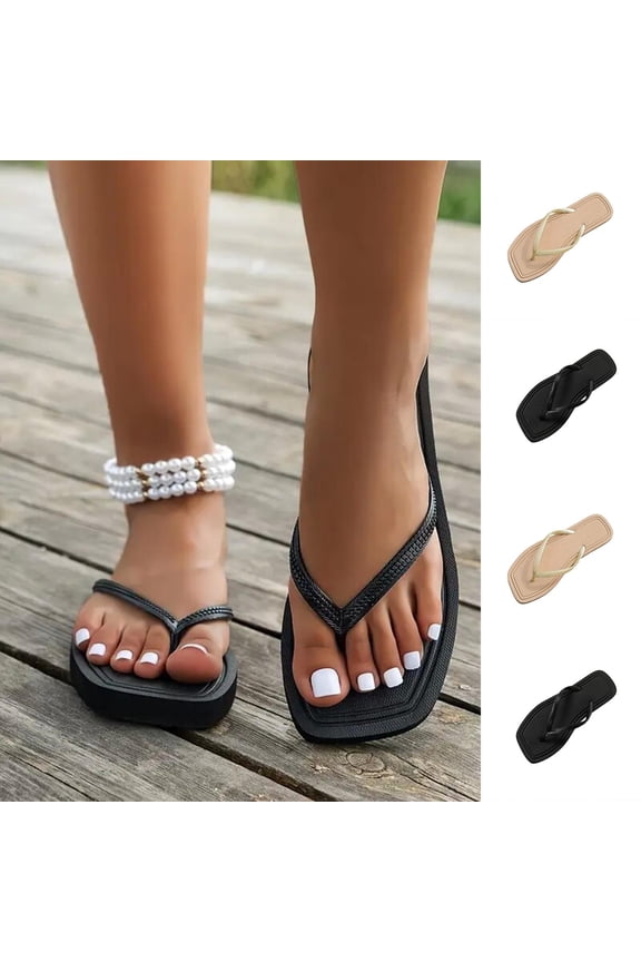 Womens Flat Flip Flops Open Toe Anti Slip Wide Width Summer Breathable Comfort Sandals Black Size 5.5-6