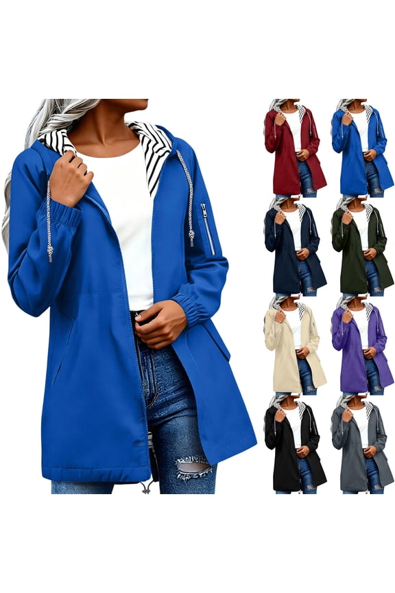 Womens Hooded Jacket Trendy Midi Waterproof Windproof Spring Hiking Jacket Gray M
