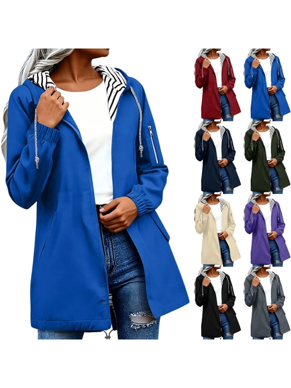 Womens Hooded Jacket Waterproof Trendy Midi Windproof Spring Hiking Jacket Beige M