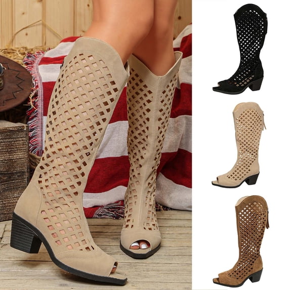 WAVSUF Womens Knee High Boots Pointed Toe Wide Width Soft Breathable Winter Trendy Chunky Boots Beige Size 7.5