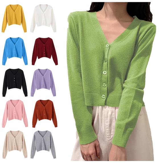 WAVSUF Womens Knit Cardigan Button Front V Neck Long Sleeve Spring Fall Casual Basic Sweater White Free Size